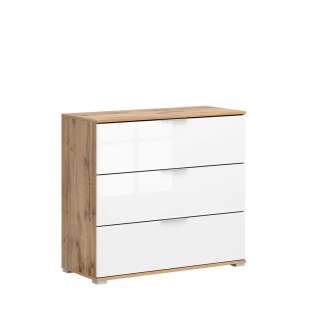 Skjenk Zele 95x86 cm - eik wotan - hvit glans - 3 skuffer