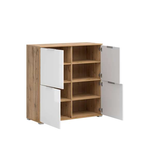 Skjenk Zele 104x106 cm - eik wotan - hvit glans - 4 dører