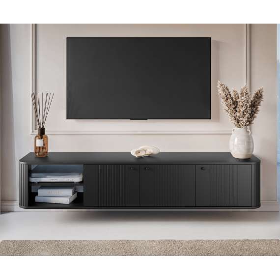 Vegghengt tv-benk Vesper - 187x36 cm - 3 dører - svart matt