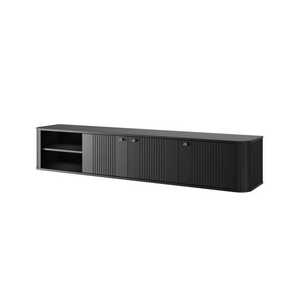 Vegghengt tv-benk Vesper - 187x36 cm - 3 dører - svart matt