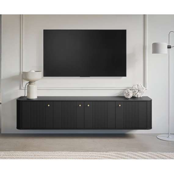 Vegghengt tv-benk Vesper - 187x36 cm - 4 dører - svart matt