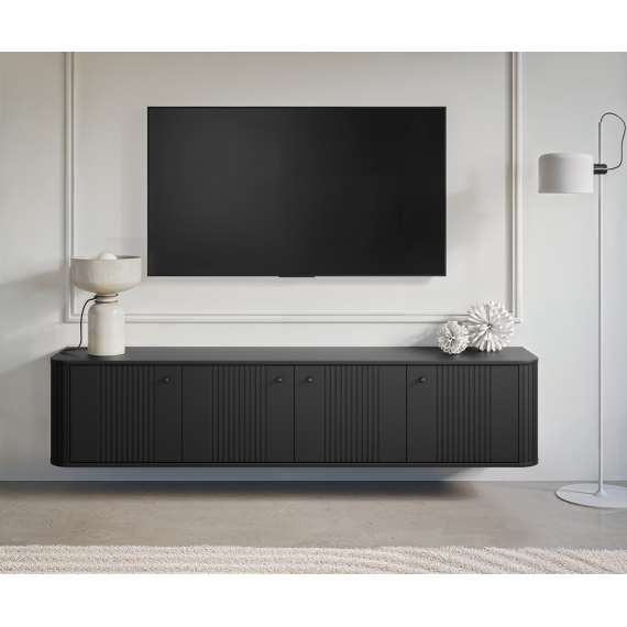 Vegghengt tv-benk Vesper - 187x36 cm - 4 dører - svart matt