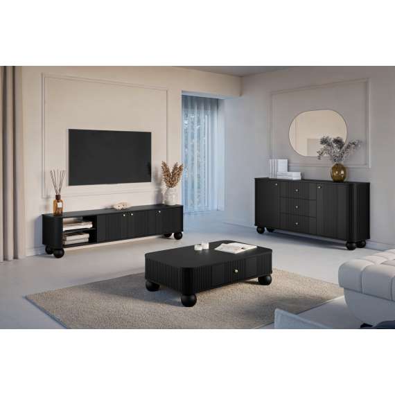 Tv-benk Vesper - 187x48 cm - 3 dører - svart matt