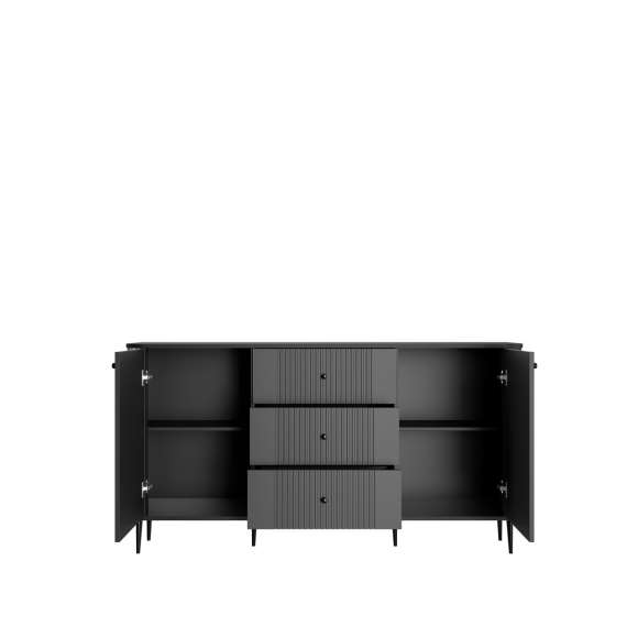 Skjenk Vesper - 160x85 cm - 2 dører - 3 skuffer - svart matt - metal ben