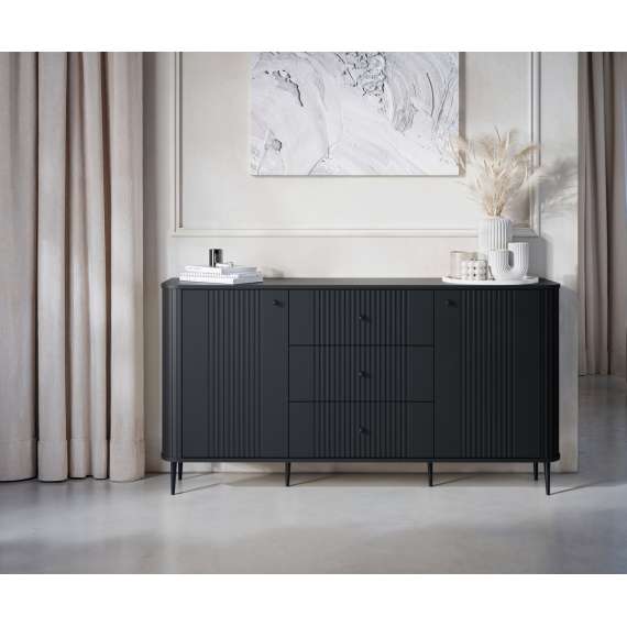 Skjenk Vesper - 160x85 cm - 2 dører - 3 skuffer - svart matt - metal ben