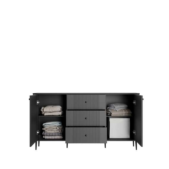 Skjenk Vesper - 160x85 cm - 2 dører - 3 skuffer - svart matt - metal ben