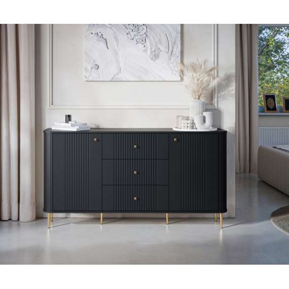 Skjenk Vesper - 160x85 cm - 2 dører - 3 skuffer - svart matt - metal ben