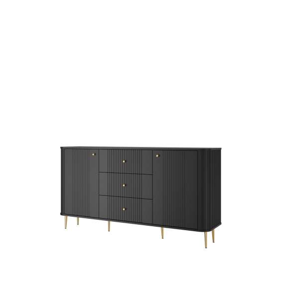 Skjenk Vesper - 160x85 cm - 2 dører - 3 skuffer - svart matt - metal ben