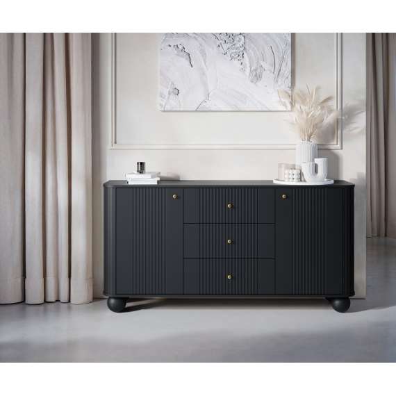 Skjenk Vesper - 160x82 cm - 2 dører - 3 skuffer - svart matt