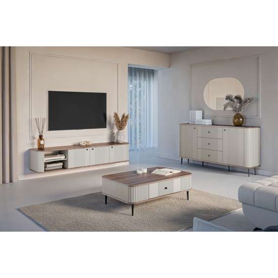 Vegghengt tv-benk Vesper - 187x36 cm - 3 dører - cashmer - valnøtt