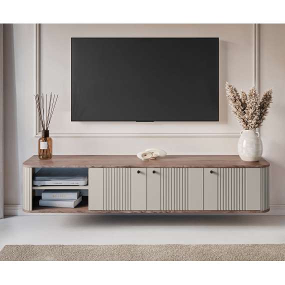 Vegghengt tv-benk Vesper - 187x36 cm - 3 dører - cashmer - valnøtt
