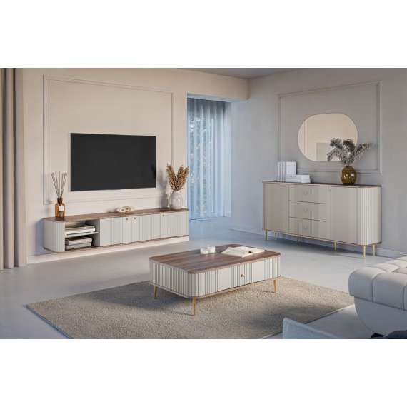Vegghengt tv-benk Vesper - 187x36 cm - 3 dører - cashmer - valnøtt