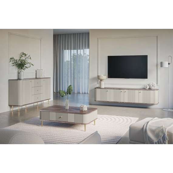 Vegghengt tv-benk Vesper - 187x36 cm - 3 dører - cashmer - valnøtt