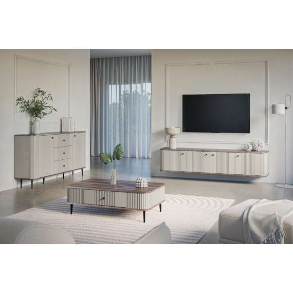 Vegghengt tv-benk Vesper - 187x36 cm - 3 dører - cashmer - valnøtt