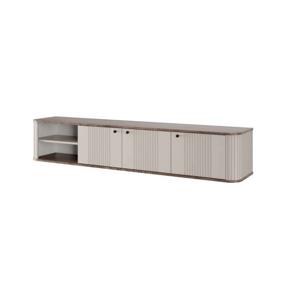 Vegghengt tv-benk Vesper - 187x36 cm - 3 dører - cashmer - valnøtt