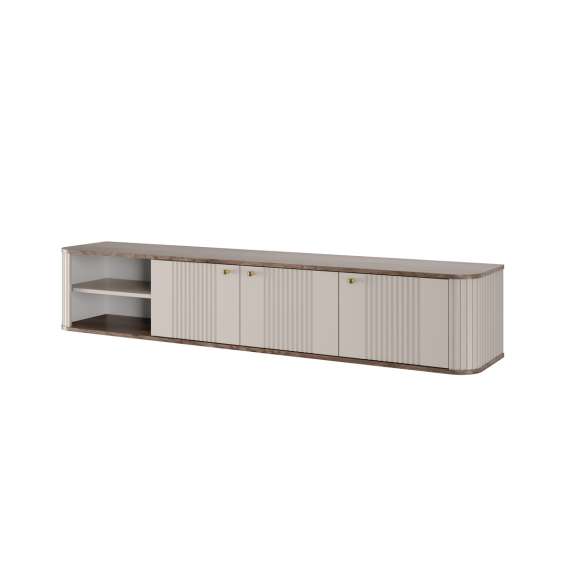Vegghengt tv-benk Vesper - 187x36 cm - 3 dører - cashmer - valnøtt
