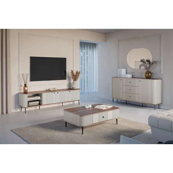 Tv-benk Vesper - 187x51 cm - 3 dører - cashmere - valnøtt - metal ben