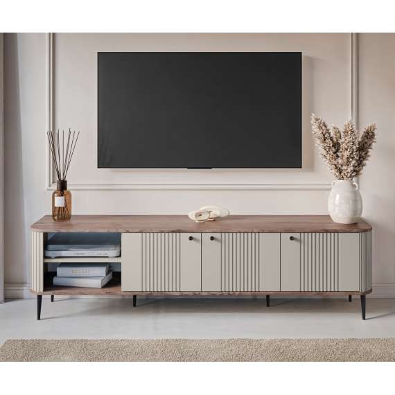 Tv-benk Vesper - 187x51 cm - 3 dører - cashmere - valnøtt - metal ben