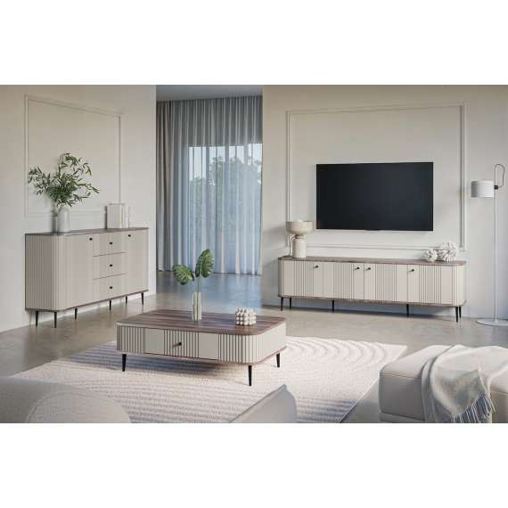 Tv-benk Vesper - 187x51 cm - 3 dører - cashmere - valnøtt - metal ben