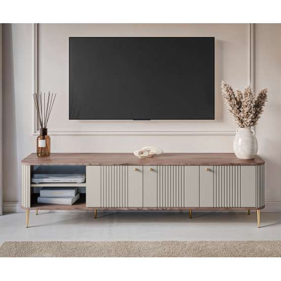 Tv-benk Vesper - 187x51 cm - 3 dører - cashmere - valnøtt - metal ben