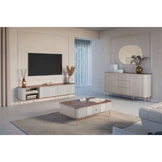 Tv-benk Vesper - 187x51 cm - 4 dører - cashmere - valnøtt - metal ben