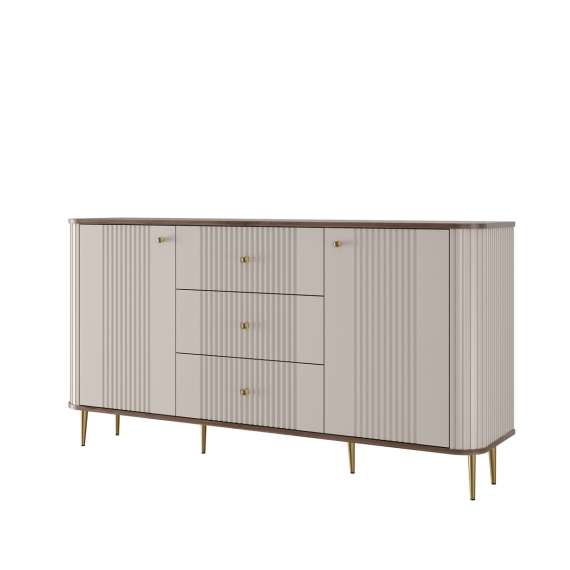 Skjenk Vesper - 160x85 cm - 2 dører - 3 skuffer - cashmere - valnøtt - metal ben