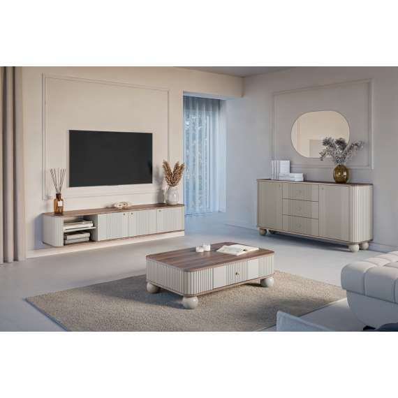 Skjenk Vesper - 160x82 cm - 2 dører - 3 skuffer - cashmere - valnøtt