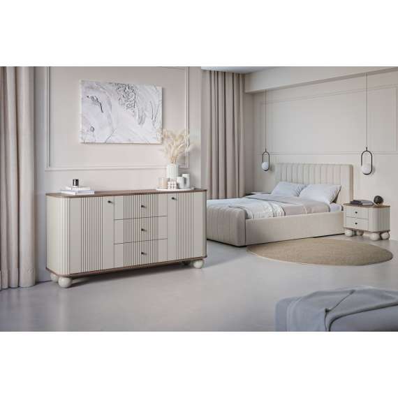 Skjenk Vesper - 160x82 cm - 2 dører - 3 skuffer - cashmere - valnøtt