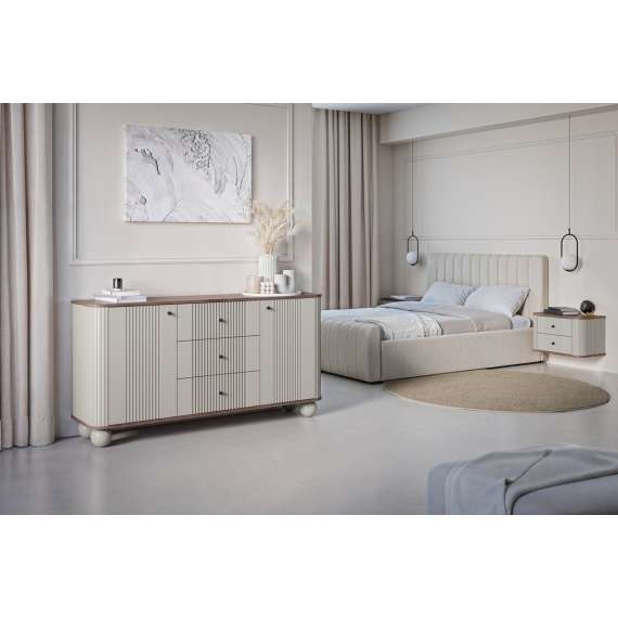 Skjenk Vesper - 160x82 cm - 2 dører - 3 skuffer - cashmere - valnøtt