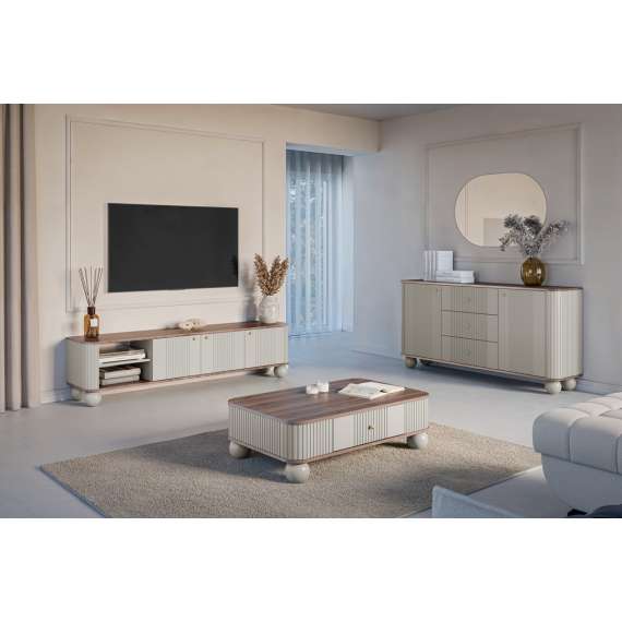 Skjenk Vesper - 160x82 cm - 2 dører - 3 skuffer - cashmere - valnøtt