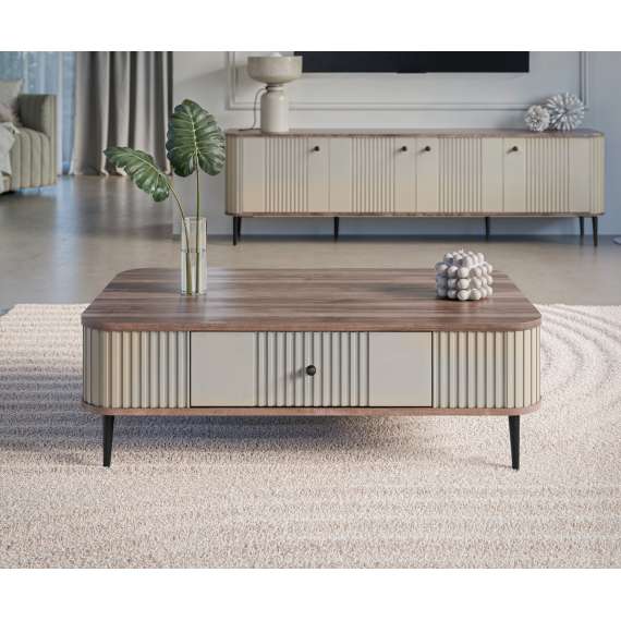 Sofabord Vesper - 103x60 cm - cashmere - valnøtt - 1 skuff - metall ben