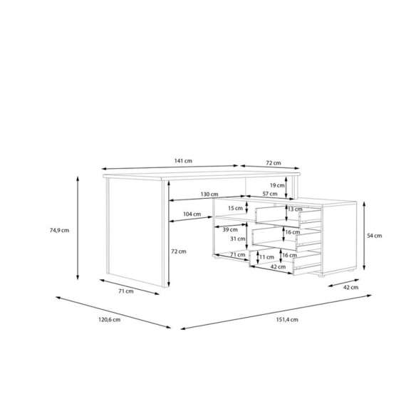 Skrivebord NET100 med kommode - 151x74x121 cm - hvit matt