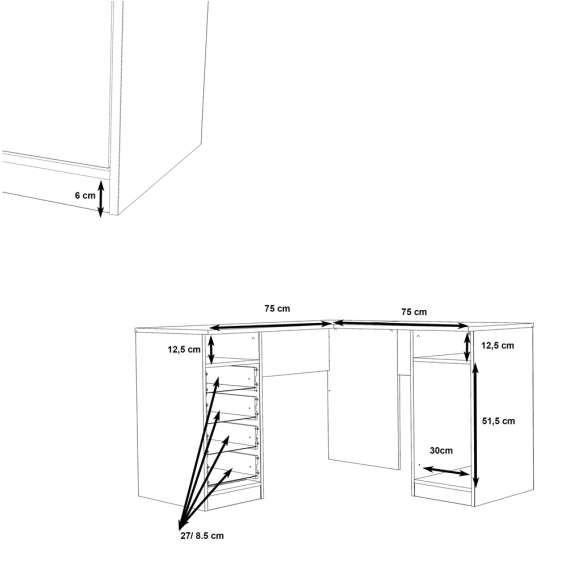 Hjørneskrivebord NET101 - 125x75x125 cm - hvit matt
