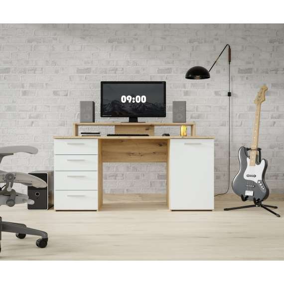 Skrivebord NET103 - 145x60 cm - eik artisan - hvit matt