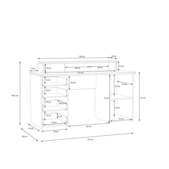 Skrivebord NET103 - 145x60 cm - eik artisan - hvit matt
