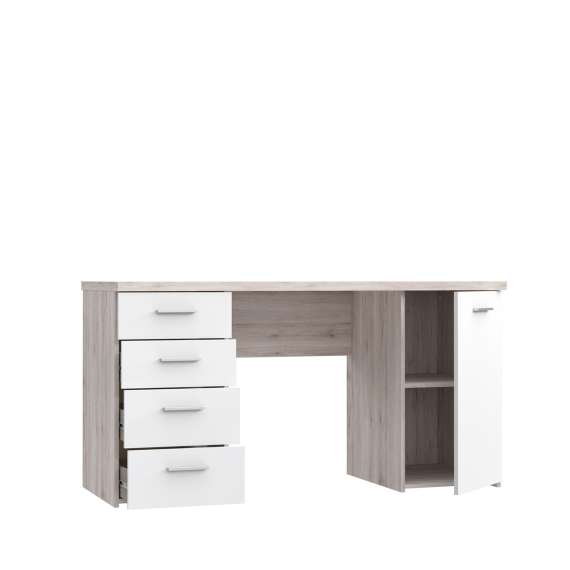 Skrivebord NET104 - 145x60 cm - eik sand - hvit matt - 1 dør - 4 skuffer
