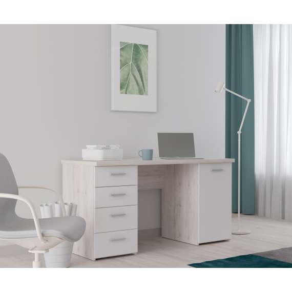 Skrivebord NET104 - 145x60 cm - eik sand - hvit matt - 1 dør - 4 skuffer