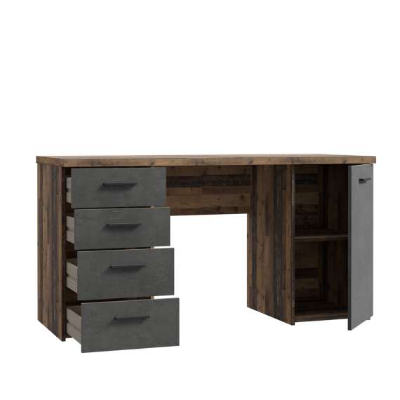 Skrivebord NET104 - 145x60 cm - eik mørk - betong - 1 dør - 4 skuffer