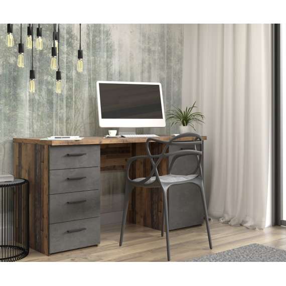 Skrivebord NET104 - 145x60 cm - eik mørk - betong - 1 dør - 4 skuffer