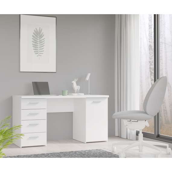 Skrivebord NET104 - 145x60 cm - hvit matt - 1 dør - 4 skuffer