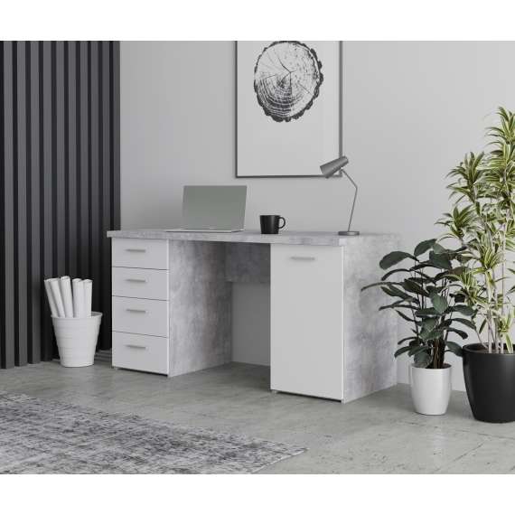 Skrivebord NET104 - 145x60 cm - lys betong - hvit matt - 1 dør - 4 skuffer