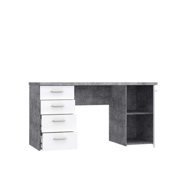 Skrivebord NET104 - 145x60 cm - lys betong - hvit matt - 1 dør - 4 skuffer