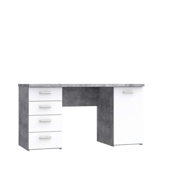 Skrivebord NET104 - 145x60 cm - lys betong - hvit matt - 1 dør - 4 skuffer