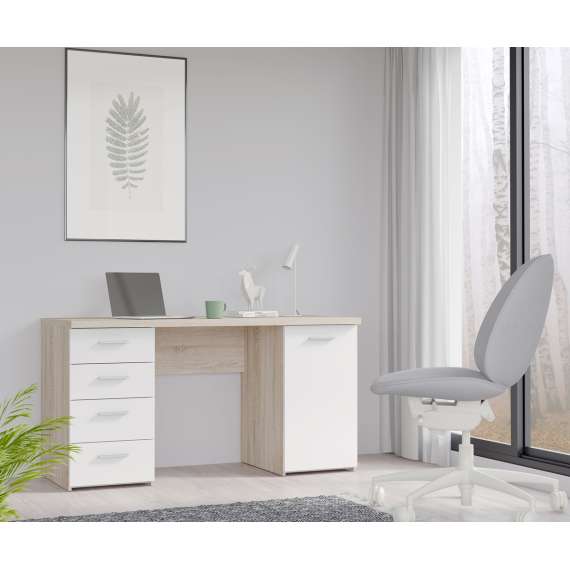 Skrivebord NET104 - 145x60 cm - eik sonoma - hvit matt - 1 dør - 4 skuffer