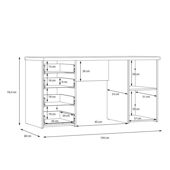 Skrivebord NET104 - 145x60 cm - eik sonoma - hvit matt - 1 dør - 4 skuffer