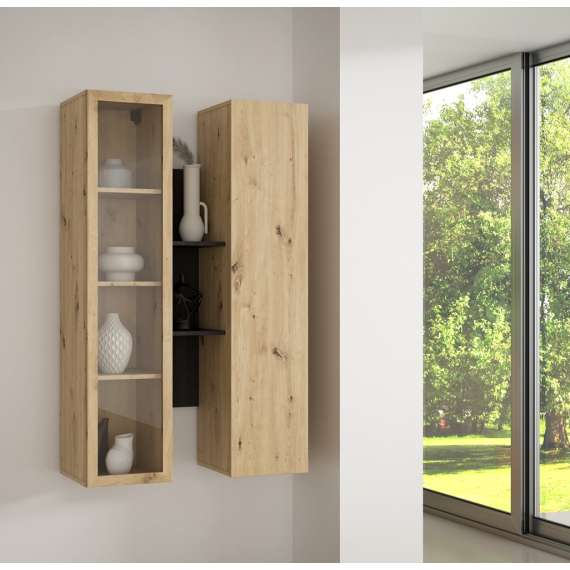 Vegghengt vitrine BREATH - 84x135 cm - eik sand - eik svart