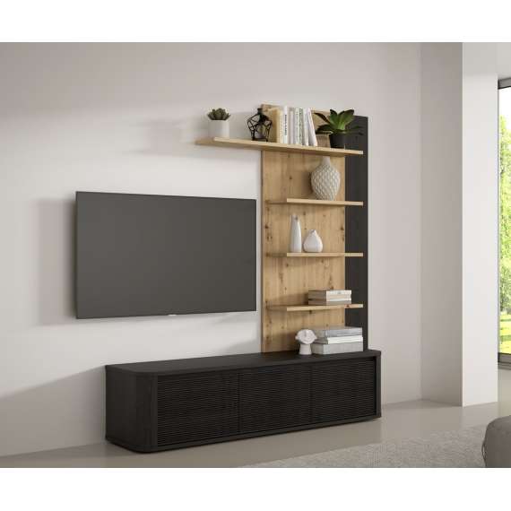 Tv-benk BREATH - 168x41 cm - eik svart - 3 dører - avrundede kanter