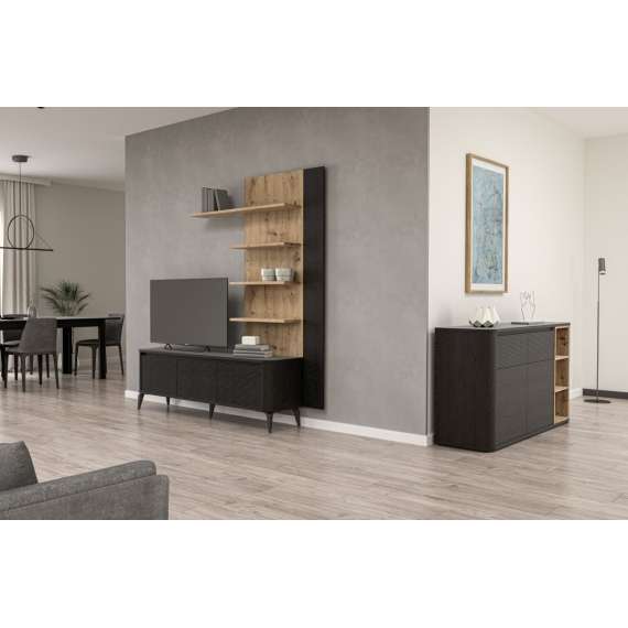 Tv-benk BREATH - 168x41 cm - eik svart - 3 dører - avrundede kanter