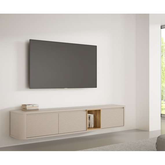 Tv-benk BREATH - 215x41 cm - beige sand - 3 dører - avrundede kanter