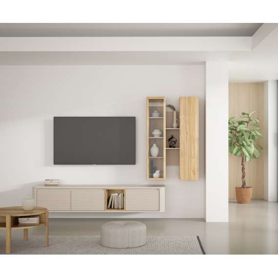 Tv-benk BREATH - 215x41 cm - beige sand - 3 dører - avrundede kanter